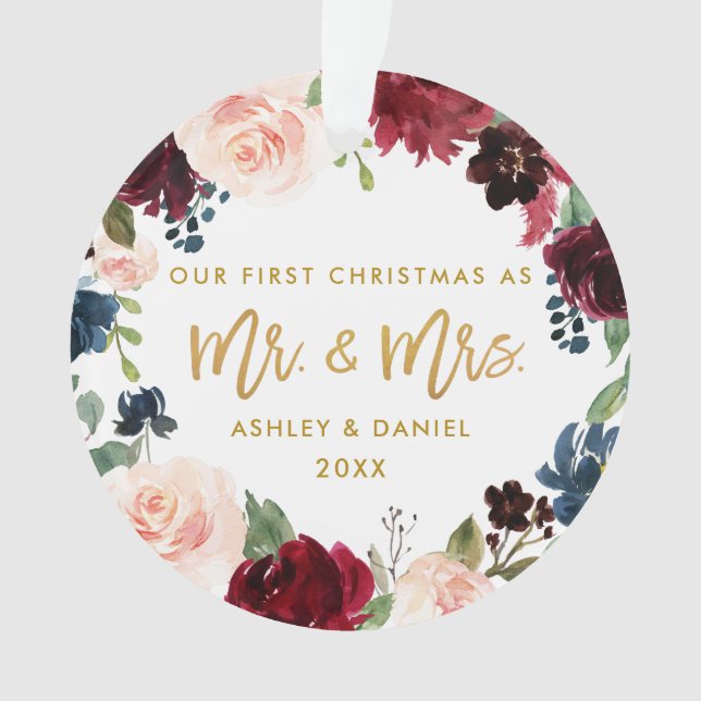 Gold Script Watercolor Floral First Christmas Ornament (Front)