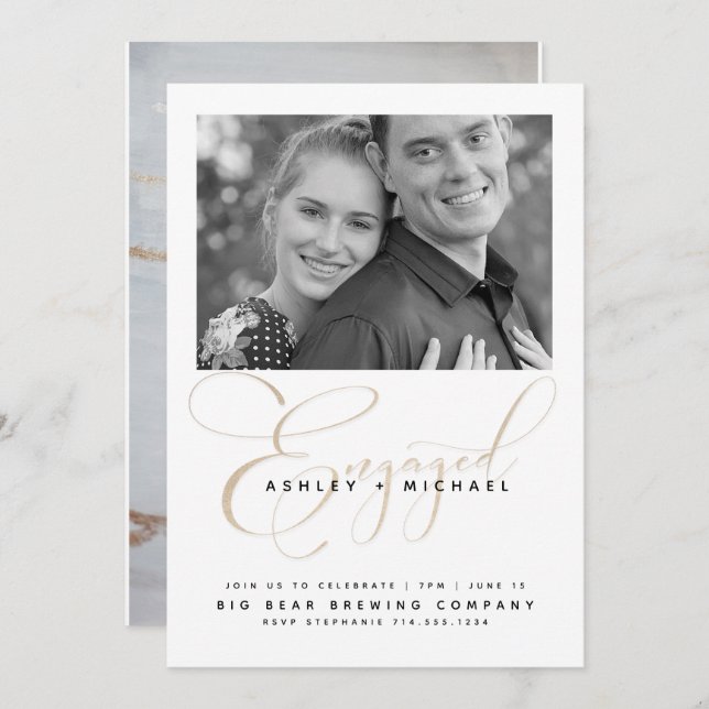 Gold Script Watercolor Photo Engagement Party Invitation (Front/Back)