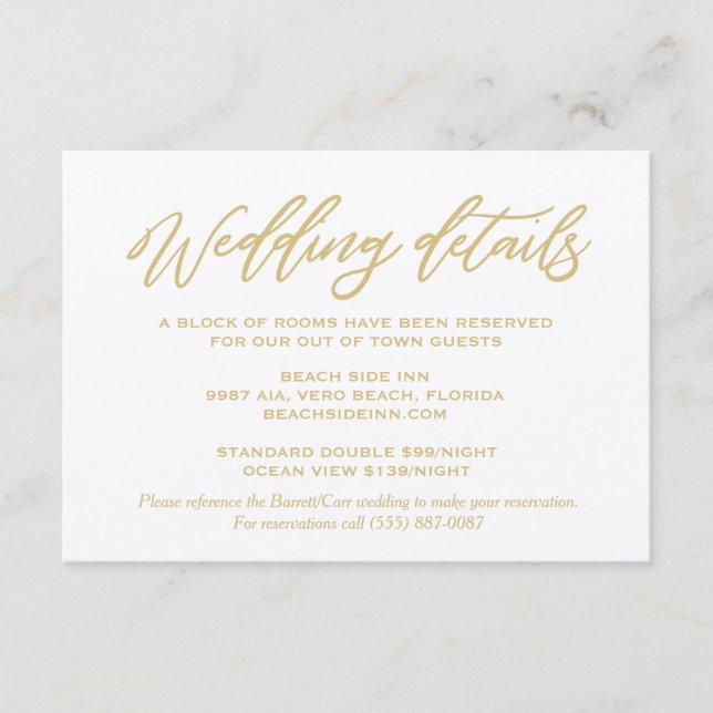 Gold Script Wedding Details Hotel Accommodations Enclosure Card (Front)