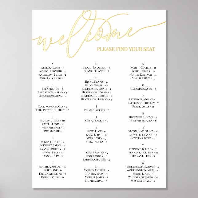 Gold Script Welcome Seating Chart Any Event (Front)