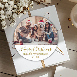 Gold Script White Family Photo Merry Christmas Classic Round Sticker