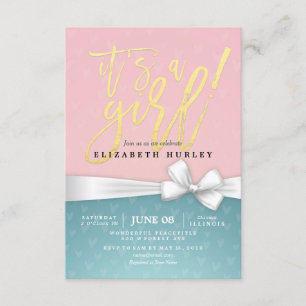 Gold Script White Ribbon Blue Pink Baby Shower Invitation