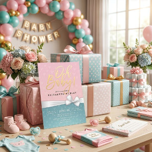 Gold Script White Ribbon Blue Pink Baby Shower Invitation