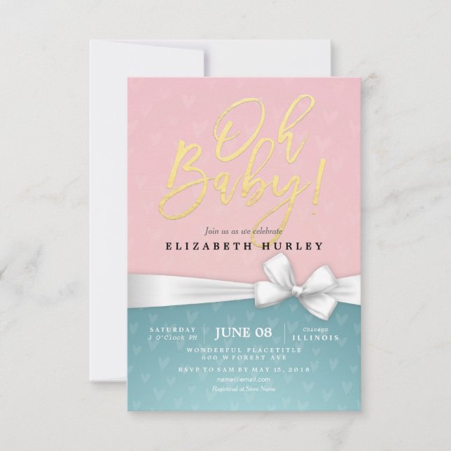 Gold Script White Ribbon Blue Pink Baby Shower Invitation (Front)