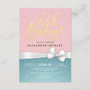 Gold Script White Ribbon Blue Pink Baby Shower Invitation