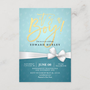 Gold Script White Ribbon Turquoise Baby Shower Invitation