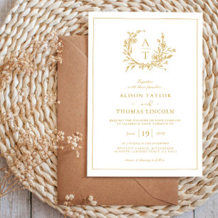 Gold Script Wildflower Crest Monogram Wedding Invitation