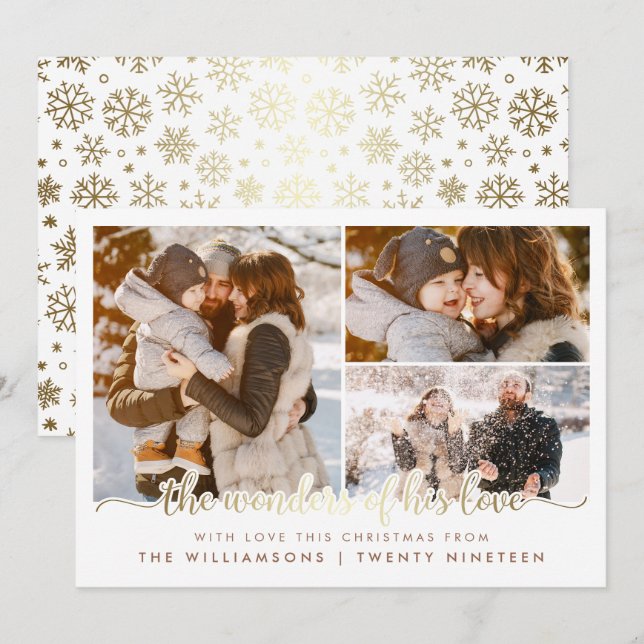 Gold Script Wonders Of His Love Christmas 3 Photo Invitation (Front/Back)