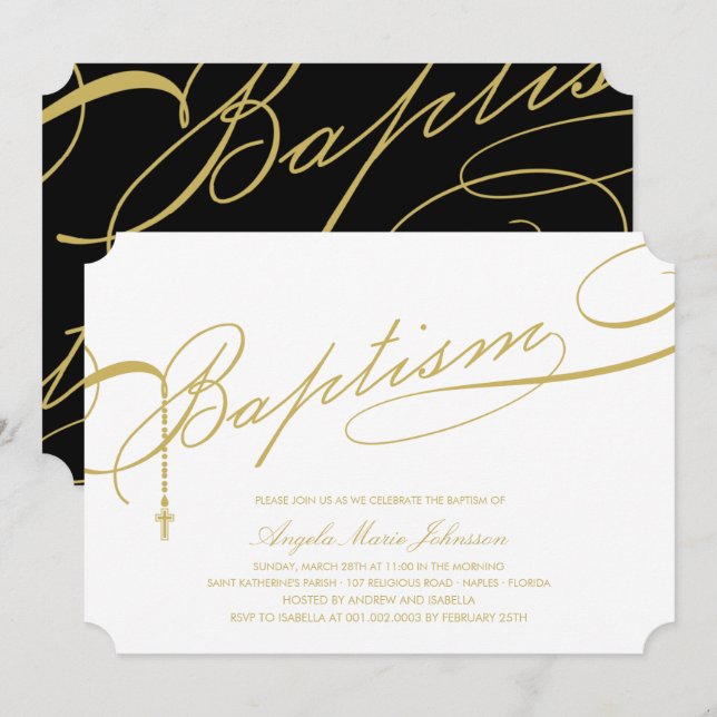 Gold Scripted Baptism Rosary Cross Religious Invitation (Front/Back)