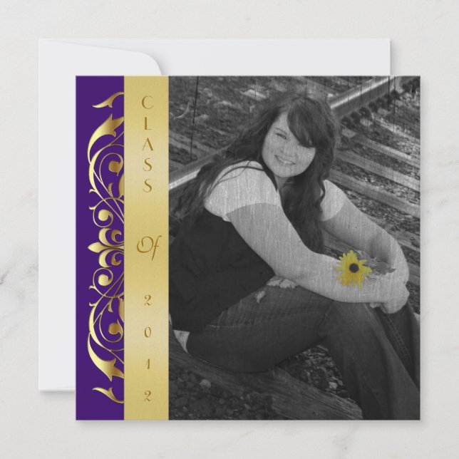 Gold Scroll Photo Purple Graduation Invitations (Front)
