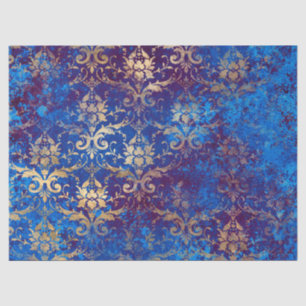 Gold Scroll Work Flowers on Blue Decoupage Tissue Paper