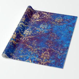 Gold Scroll Work Flowers on Blue Wrapping Paper