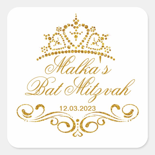 Gold scrolls, Tiara Bat Mitzvah Logo Square Sticker (Front)