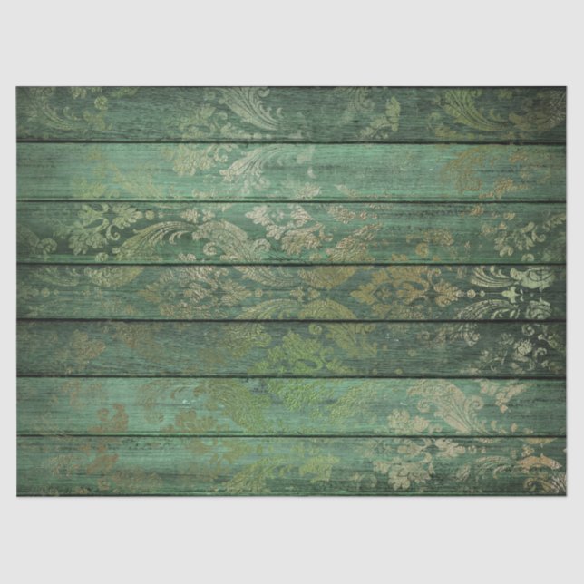 Gold Scrollwork on Green Wood Decoupage Tissue Paper (Front)
