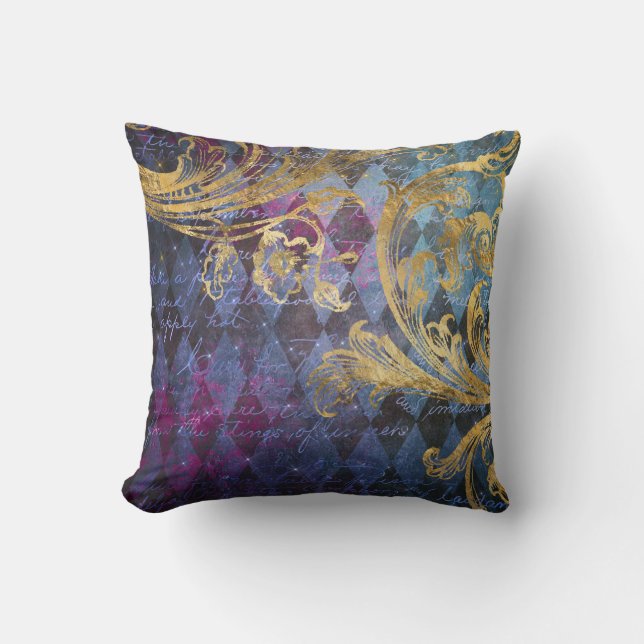 Gold Scrollwork on Purple and Blue Cushion (Front)