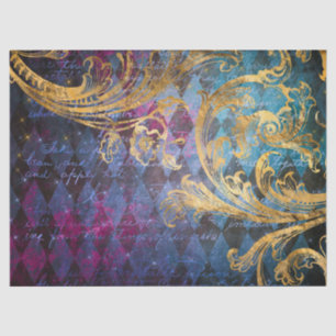 Gold Scrollwork on Purple and Blue Decoupage Tissue Paper