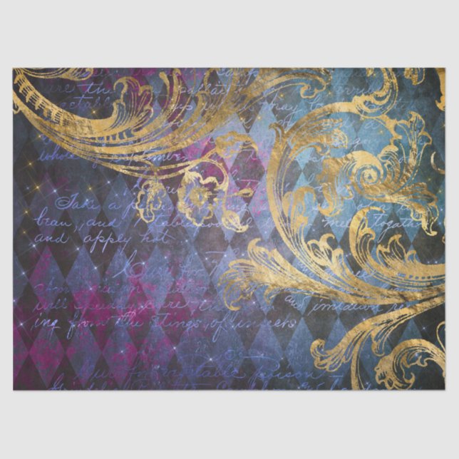 Gold Scrollwork on Purple and Blue Decoupage Tissue Paper (Front)