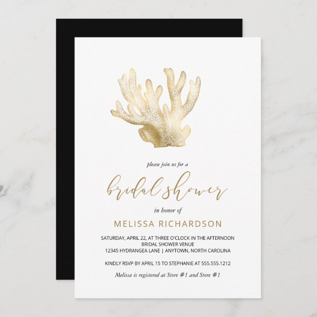 Gold Sea Coral Black White Beach Bridal Shower Invitation (Front/Back)