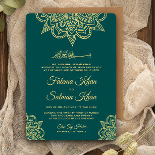 Gold Sea Green Henna Mehndi Islamic Wedding Invitation