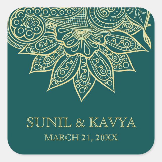 Gold Sea Green Mehendi Henna Indian Wedding Favour Square Sticker (Front)