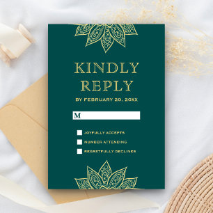 Gold Sea Green Mehendi Henna Indian Wedding RSVP Card