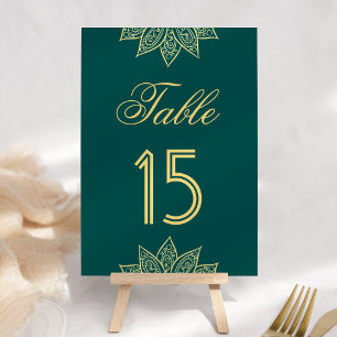 Gold Sea Green Mehendi Henna Indian Wedding Table Number