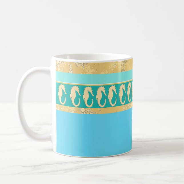 Gold Sea Horse with Aqua and Turquoise Stripes Coffee Mug (Left)