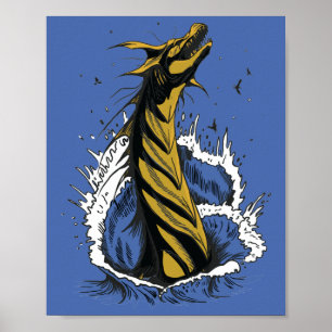 Gold Sea Monster Serpent Ocean Waves Poster