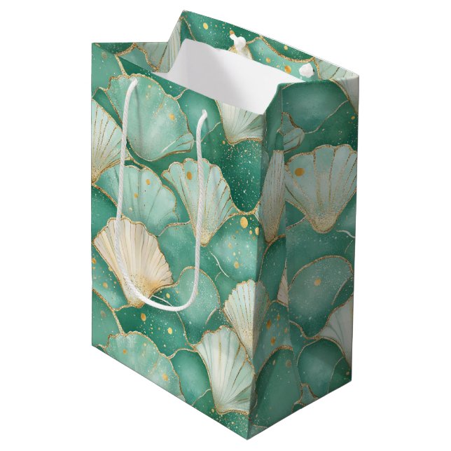 Gold Sea Shell Wave Pattern in Aqua Teal Medium Gift Bag (Front Angled)