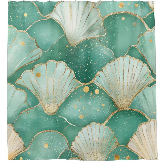 Gold Sea Shell Wave Pattern in Aqua Teal Shower Curtain (Front)