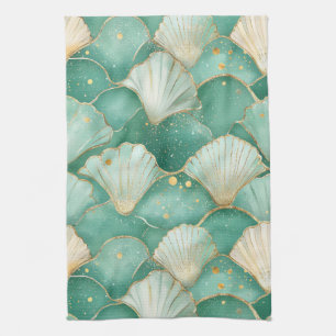 Gold Sea Shell Wave Pattern in Aqua Teal Tea Towel