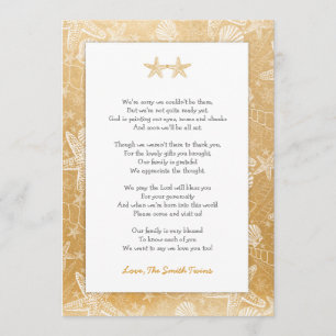 Gold Sea Shells Starfish neutral Twins thank you Invitation