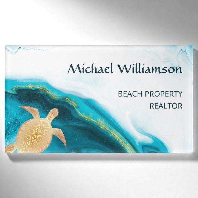 Gold Sea Turtle Teal Coastal Name Tag (Front)
