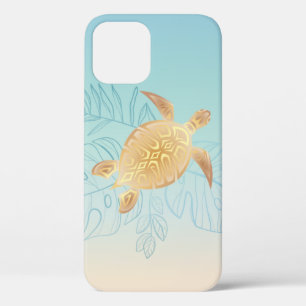 Gold Sea Turtle Tropical Leaves iPhone 12 Case