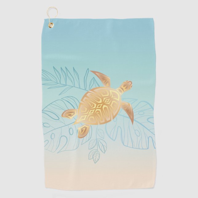 Gold Sea Turtle Tropical Leaves Coastal Golf Towel (Front)