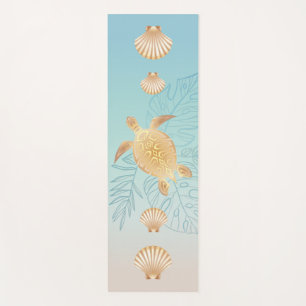 Gold Sea Turtle Tropical Leaves Coastal Yoga Mat