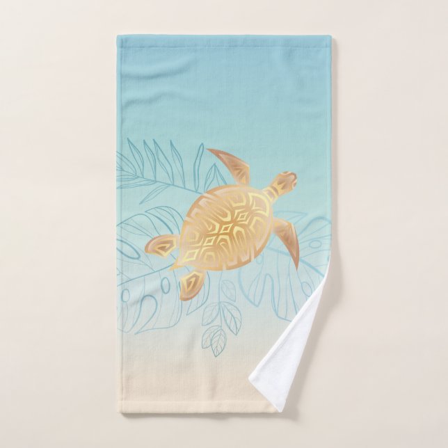 Gold Sea Turtle Tropical Leaves Hand Towel (Hand Towel)