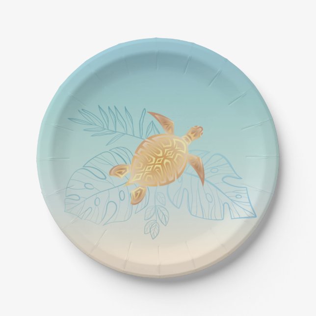 Gold Sea Turtle Tropical Leaves Paper Plate (Front)