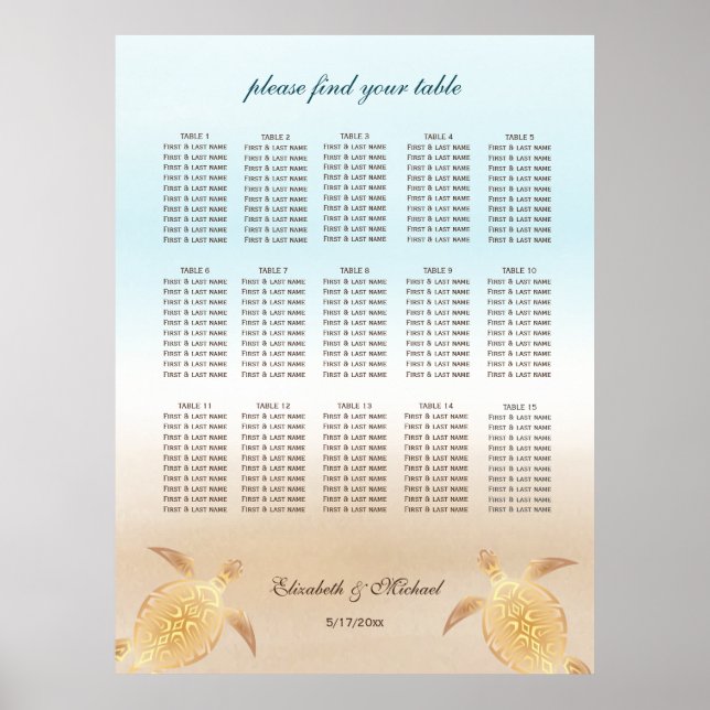 Gold Sea Turtles Beach Wedding Seating Chart (Front)