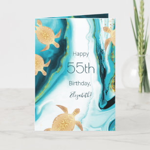 Gold  Sea Turtles Teal Ink    Custom Birthday Card