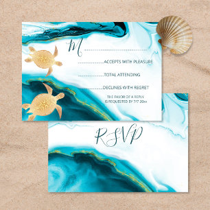 Gold Sea Turtles Turquoise Beach Wedding RSVP Card