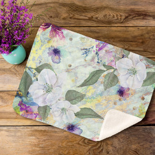 Gold seafoam green vintage floral watercolor chic sherpa blanket