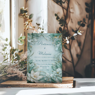 Gold Seafoam Green White Floral Winter Wedding Invitation