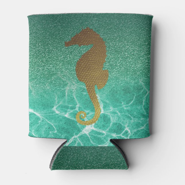 Gold Seahorse and Turquoise Glitter Can Cooler (Front)