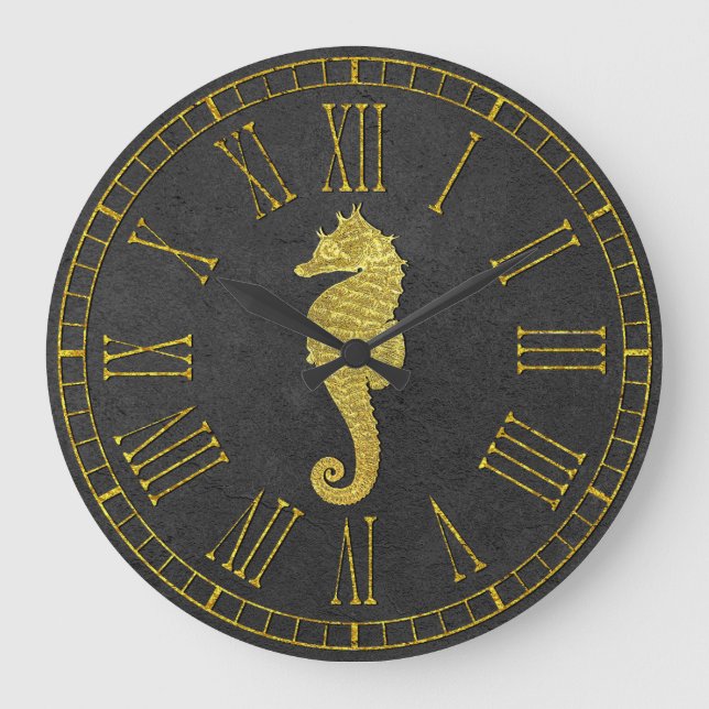 Gold Seahorse Foil Look Charcoal Large Clock (Front)