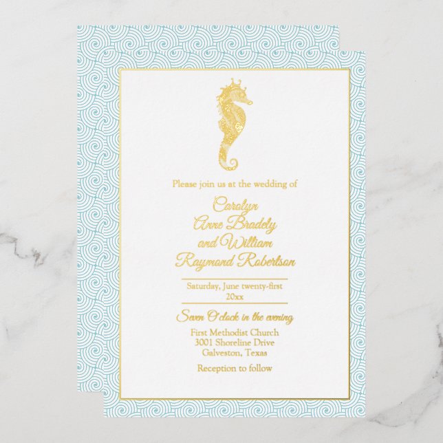Gold Seahorse with Aqua Frame Wedding  (Front/Back)
