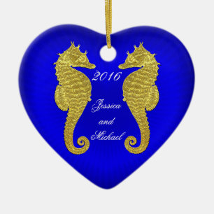 Gold Seahorses and Heart Personalise Ceramic Ornament