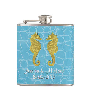 Gold Seahorses Blue Alligator Personalise Hip Flask