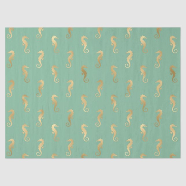 Gold Seahorses on Turquoise/Aquamarine Decoupage Tissue Paper (Front)