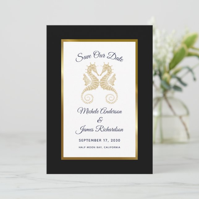 Gold Seahorses Tropical Wedding Save the Date (Standing Front)